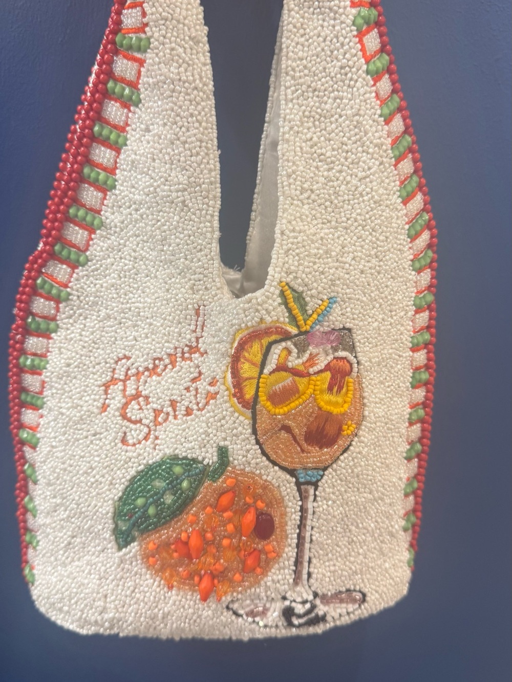 Beaded Cocktail Motif Shoulder Bag in White, Red & Green